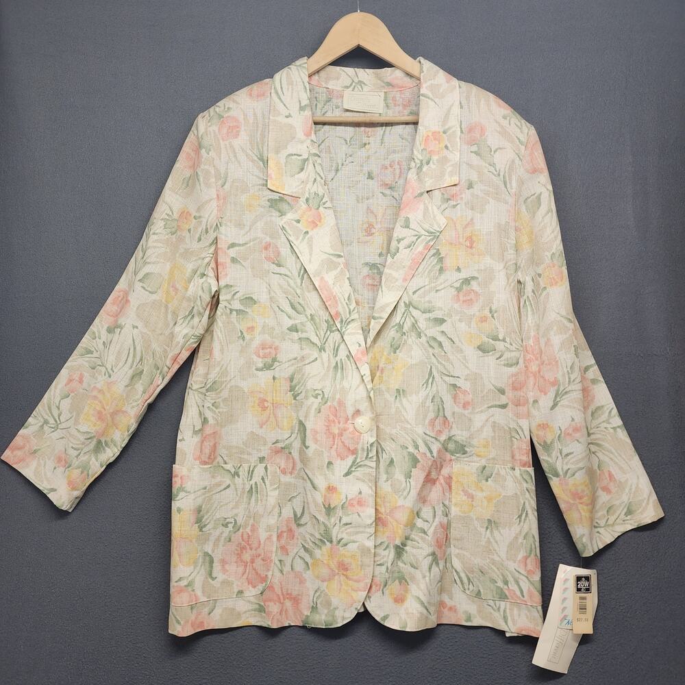 Vintage Womens 20W Flax Blend Floral Blazer Jacket Cottagecore Lightweight NEW